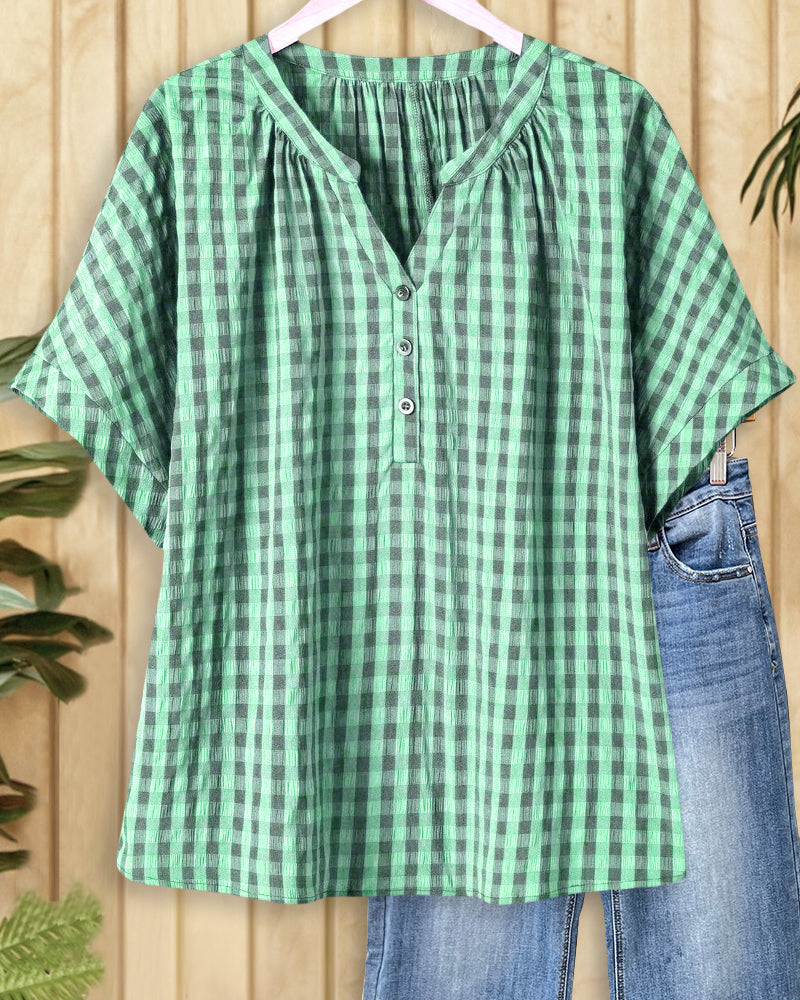 Gingham Classic V Neck Button Front Blouse