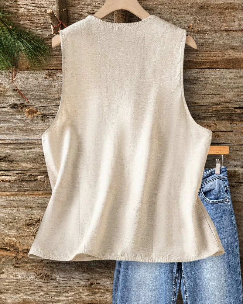 V Neck Button Front Botanical Embroidered Pocket Casual Vest