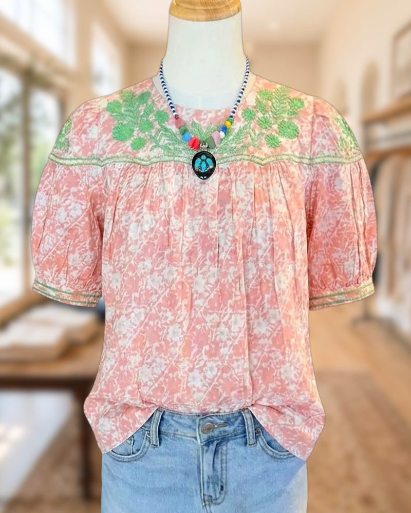 Embroidered Puff Sleeve Gathered Yoke Floral Print Casual Blouse