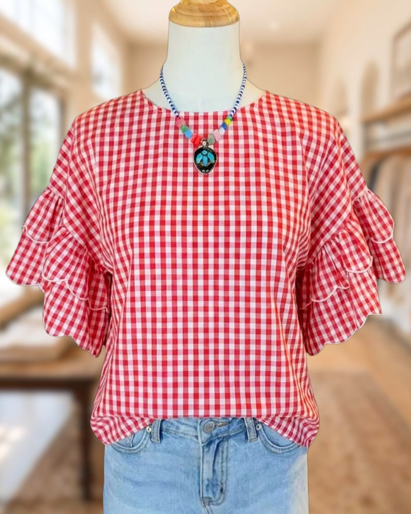 Gingham Tiered Ruffle Sleeve Round Neck Loose Casual Blouse