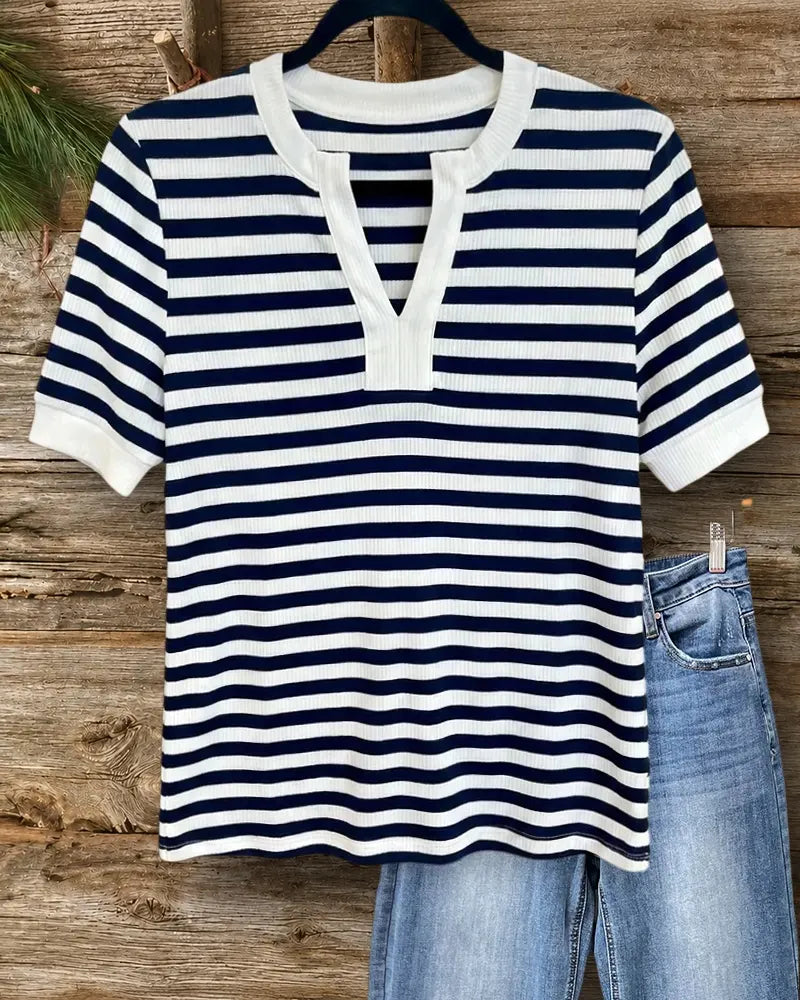 Notched V Neck Striped Short Sleeve Ribbed Casual T-Shirt
