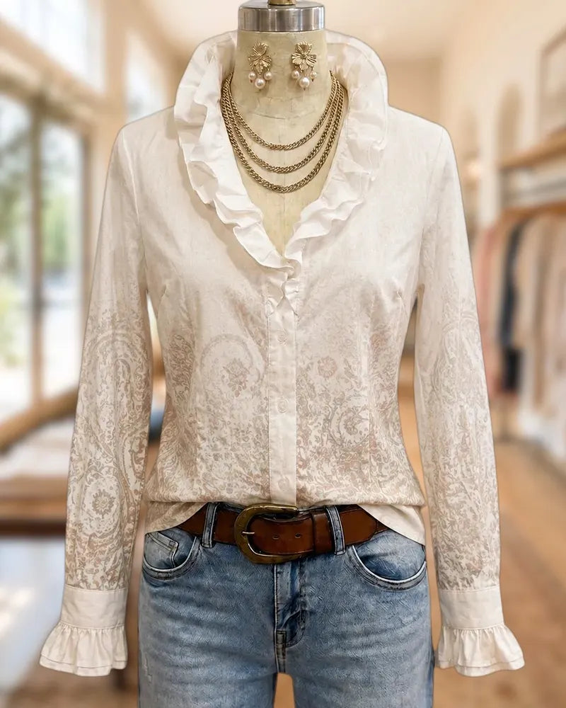 Glamorous V Neck Button Front Paisley Print Long Sleeve Blouse