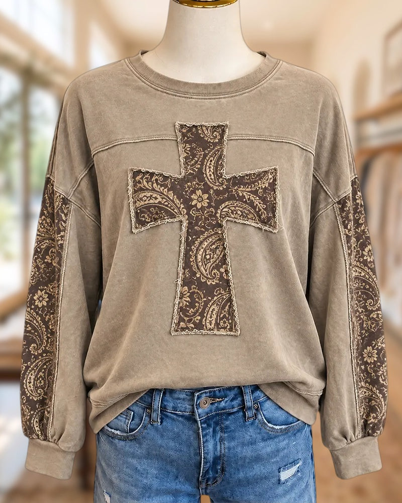Crew Neck Cross Applique Paisley Contrast Long Sleeve Sweatshirt
