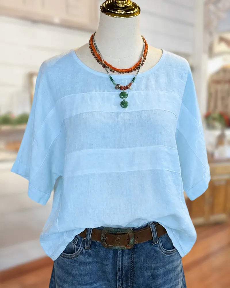 Short Sleeve O Neck Paneled Loose Casual Daily Blouse