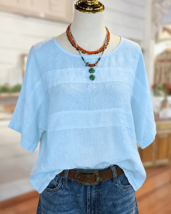 Short Sleeve O Neck Paneled Loose Casual Daily Blouse