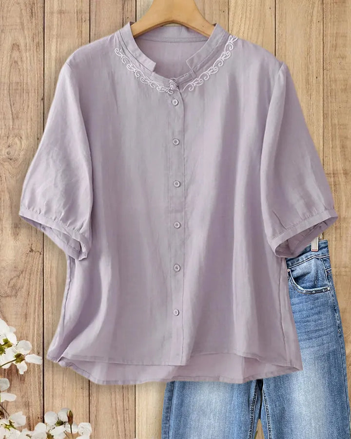 Loose Fit Mandarin Collar Embroidered Button Front Puff Sleeve Blouse