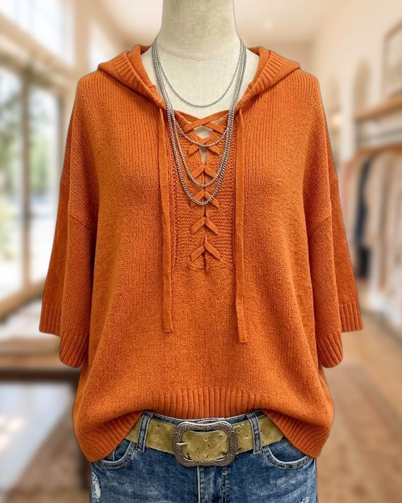 Solid Color Hooded Lace Up Knit Cozy Sweater Top