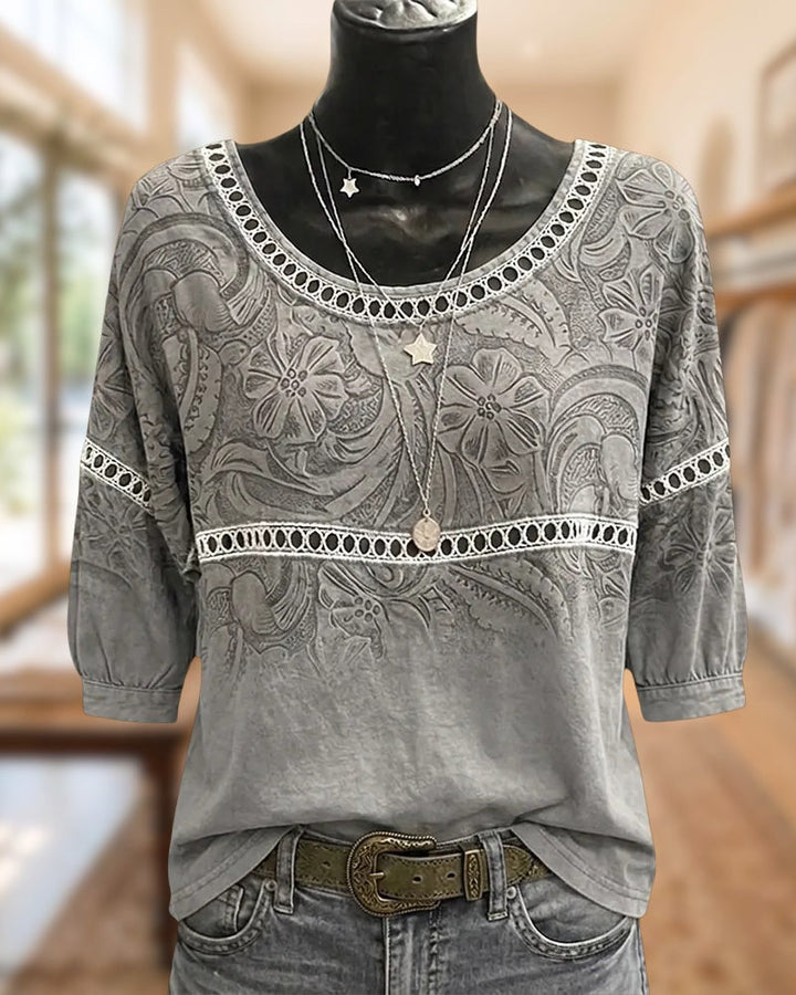 Boho Lace Trim 3/4 Sleeve Blouse