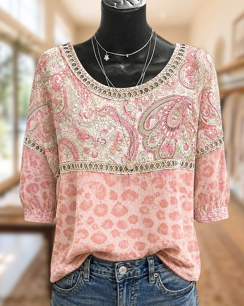 Boho Lace Trim 3/4 Sleeve Blouse