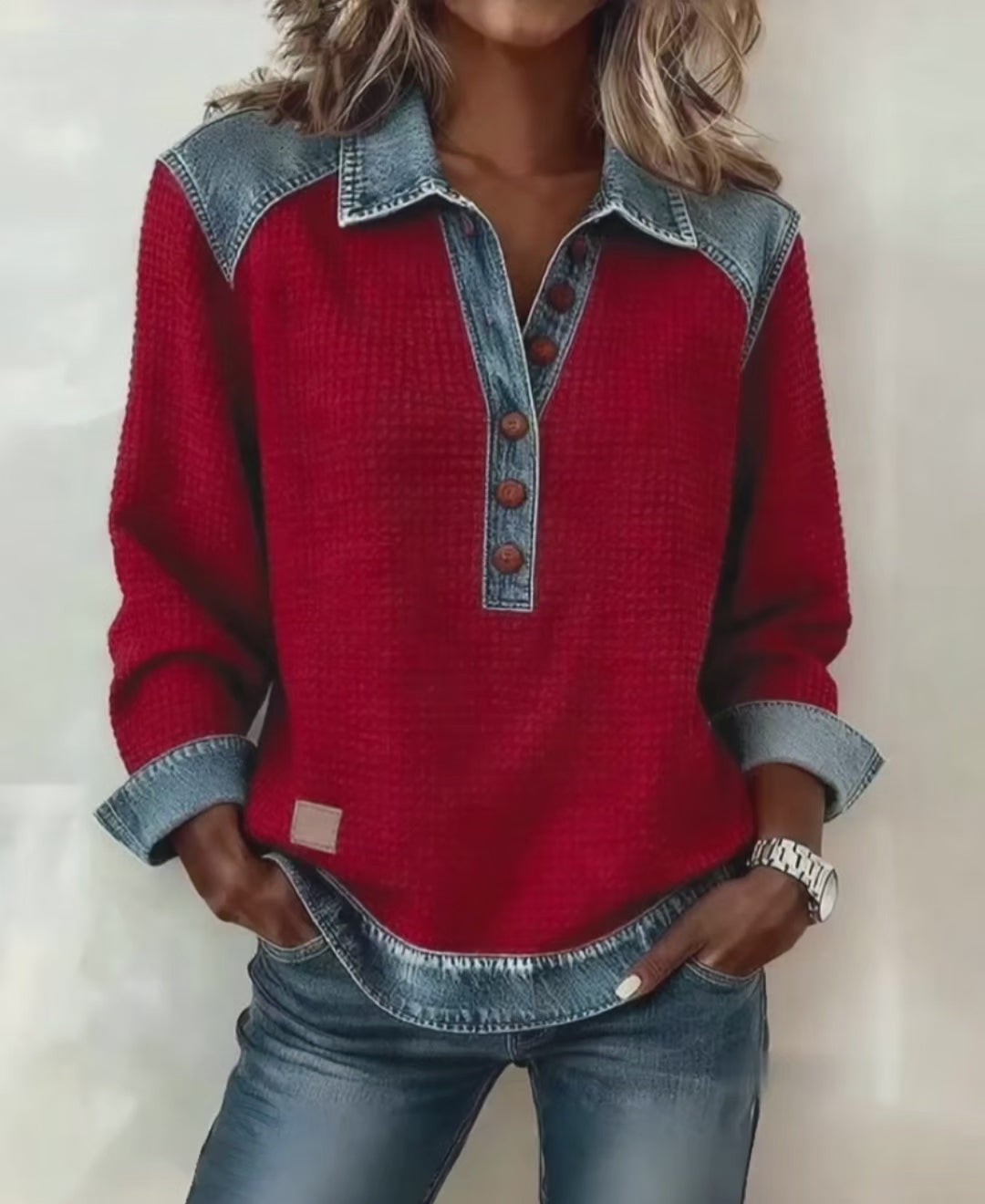 Rustic Charm Denim Collar Henley